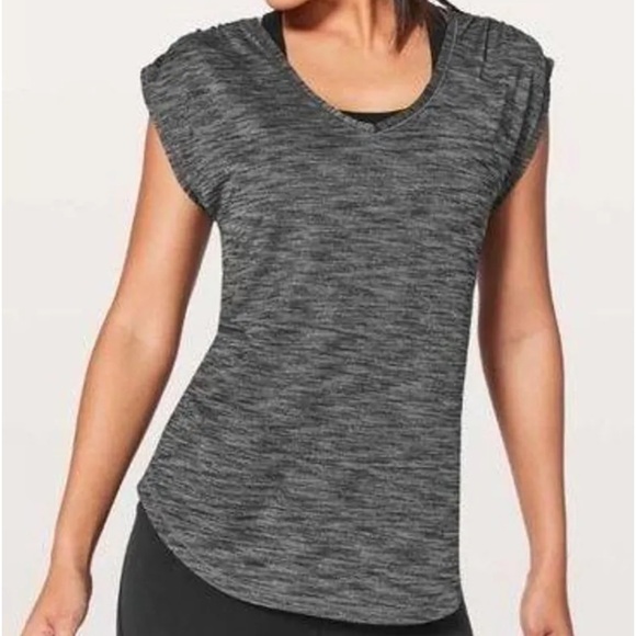 lululemon athletica Tops - Lululemon Sweat Times Heathered Grey V-Neck Short Sleeve Athletic Top 4